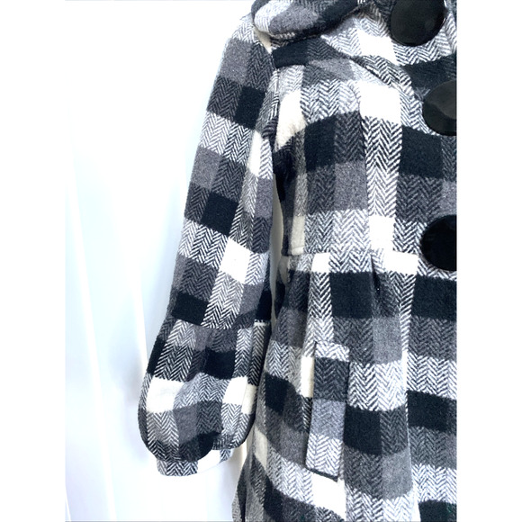 Agnes B Pea Coat Plaid Black White Jacket Puff Sleeve Snap Slip Pockets … - Picture 3 of 7